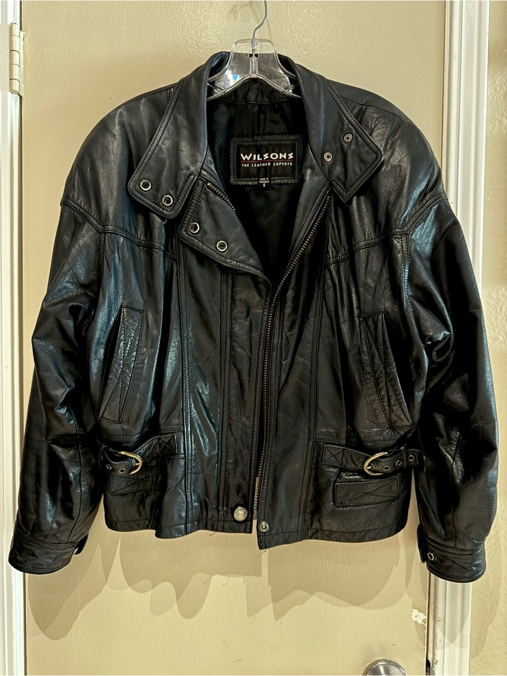 Wilsons Black Leather Motorcycle Jacket 90s Size S